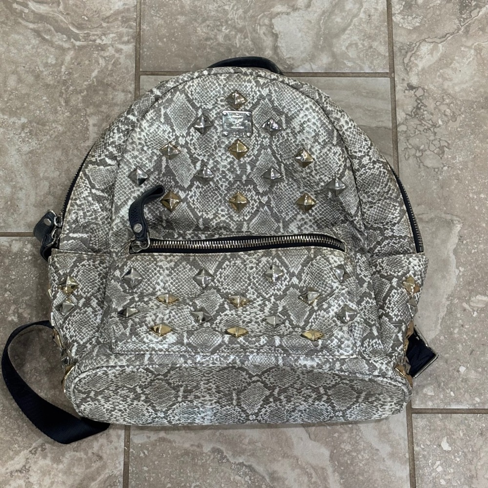 MCM Stark Bebe Boo Snakeskin Embossed Studded Mini Backpack Grey White A6748
